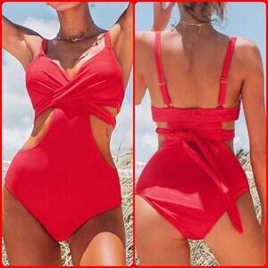 CUPSHE Red Cutout One Piece Swimsuit – Moulded Cups, Waist Tie, Sexy High Leg